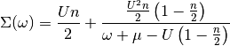 \Sigma(\omega) =\frac{U n}{2} + \frac{ \frac{U^{2} n}{2} \left( 1 - \frac{n}{2}\right)}{\omega + \mu  - U \left(1 - \frac{n}{2}\right)}